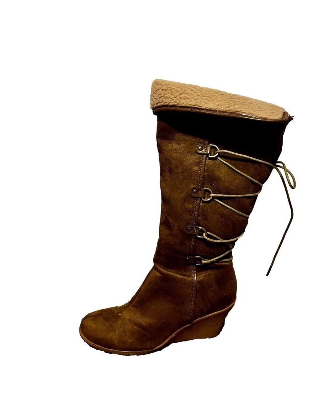 Light Brown Lace Up Zipper Wedge Boots - Picture 8 of 15